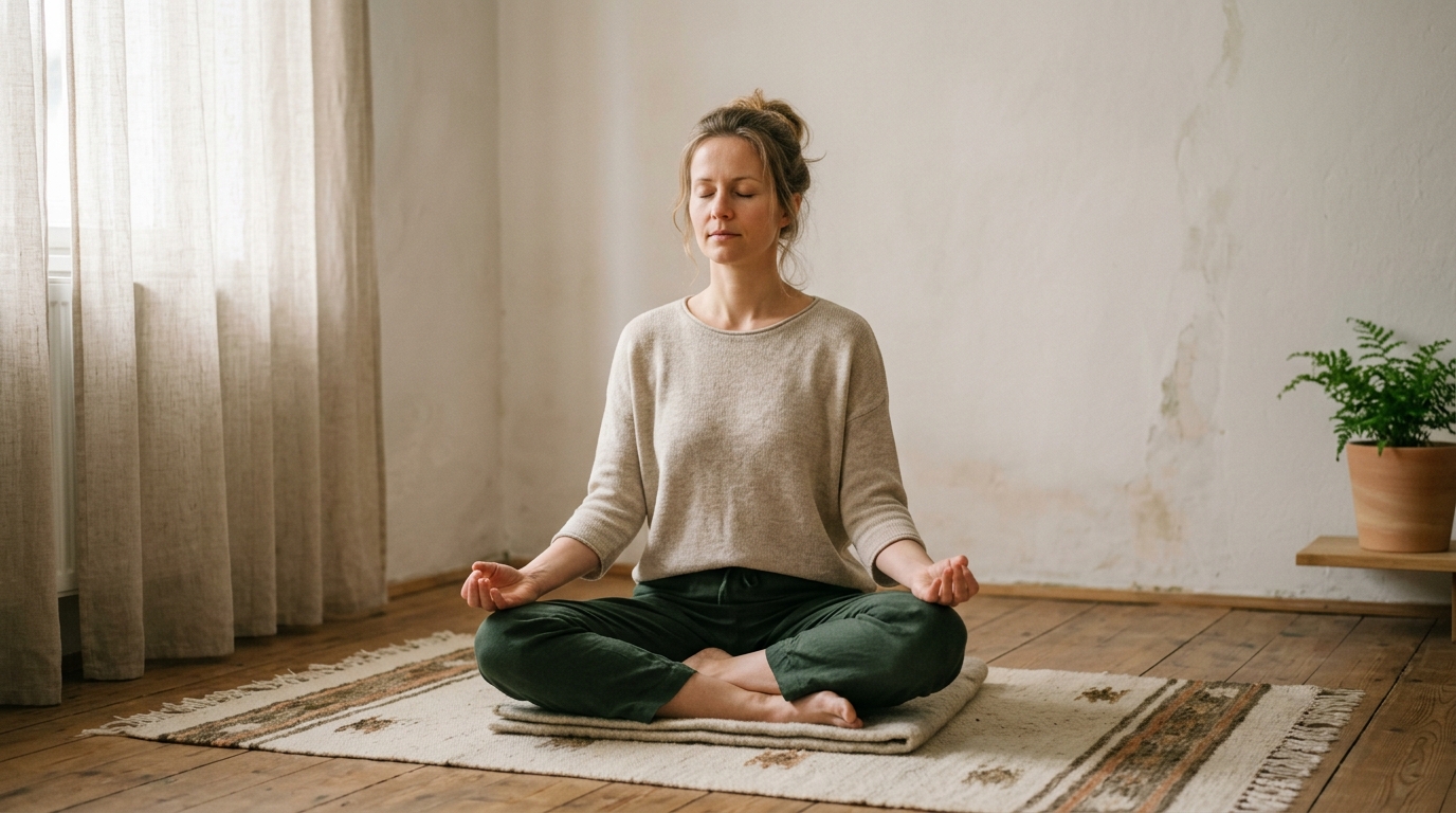 Žena so zavretými očami sedí v pokojnej meditačnej pozícii a sústredí sa na dych